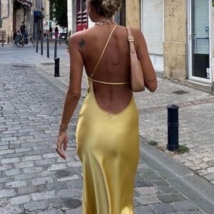 Zara Yellow Asymmetrical Open back satin dress